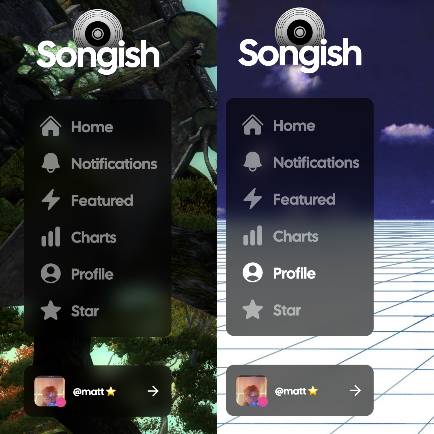 A screenshot showing the Songish sidebar twice, with two different custom backgrounds.