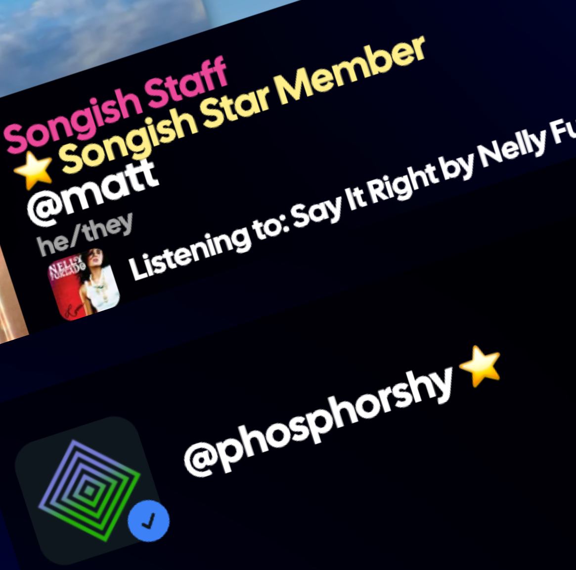 A screenshot showing the 'Songish Star Member' title on a user's profile, and a star next to their name in the feed.